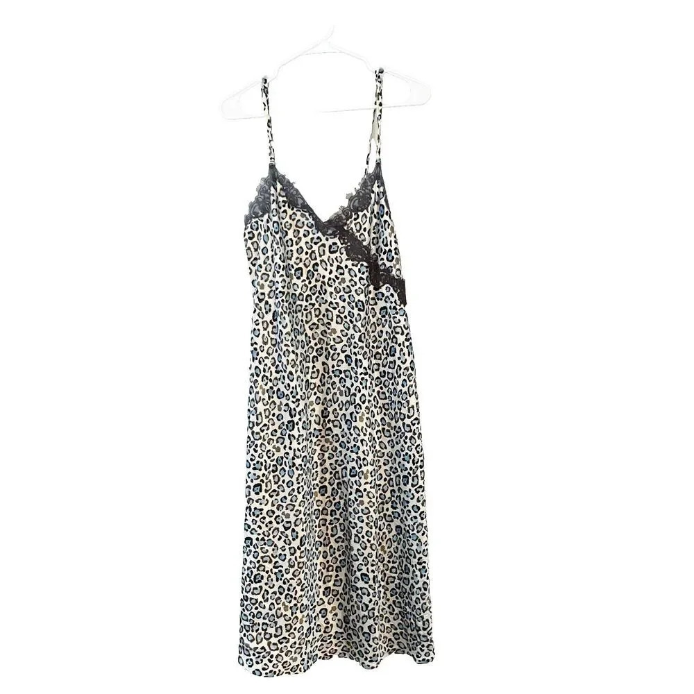 Morgan Taylor Intimates Womens Cream Blue Maxi Slip Dress Large Lace Leopard
